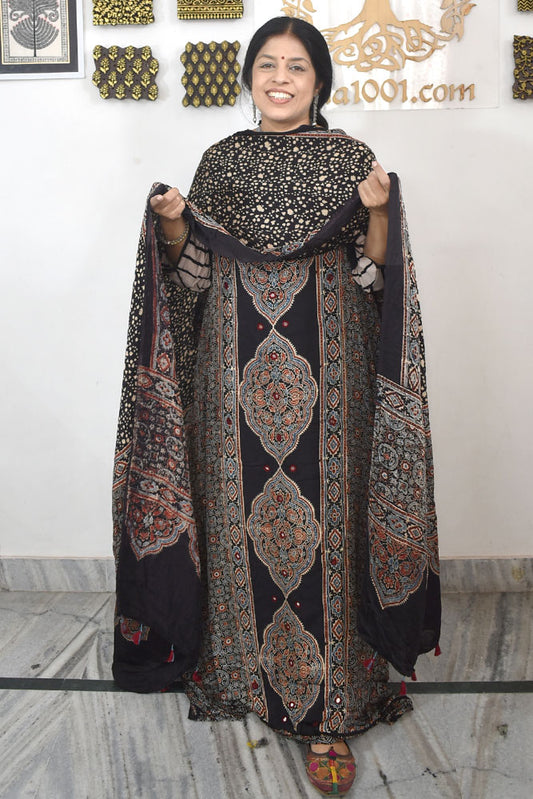 Designer Ajrakh Modal Silk Unstitched suit with  Mirror Work, Ajrakh Dupatta & Bottom- 3 piece set