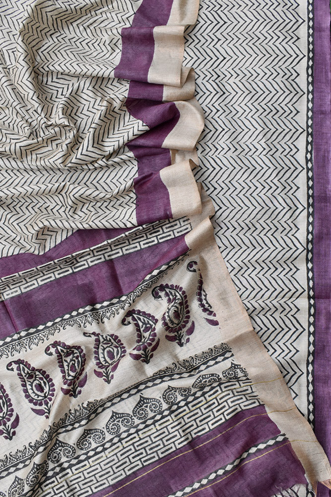 Elegant Hand Block printed Moonga Tussar Silk Kurta Dupatta Set