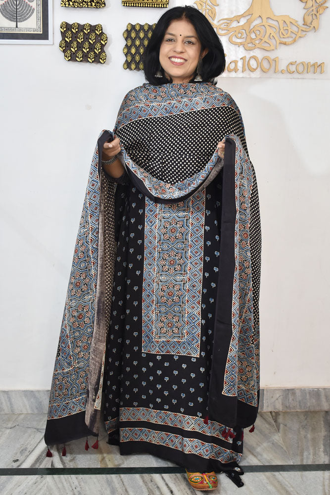 Designer Ajrakh Modal silk Kurta and Dupatta Set with  Neck yoke and panel design