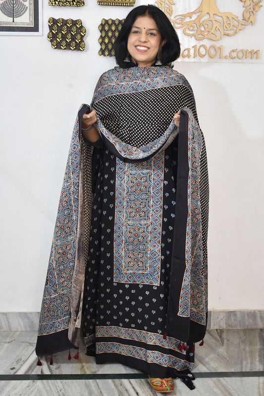 Designer Ajrakh Modal silk Kurta and Dupatta Set with  Neck yoke and panel design