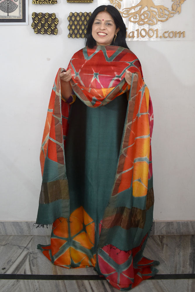 Designer Clamp Dyed Chanderi silk cotton suit with Clamp Duptta With Zari Palla - 3 pc suit