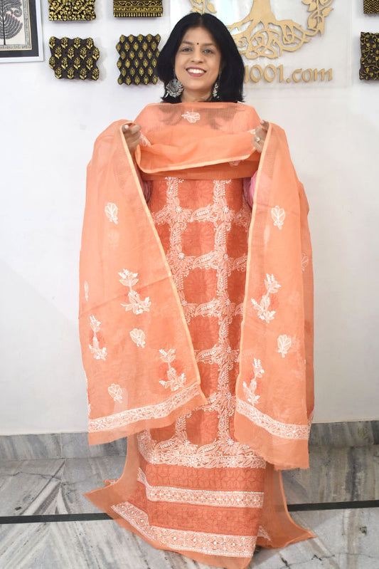 Elegant Lucknowi Chikankari Hand Embroidery work Kurta Fabric and dupatta set - 2 pc set