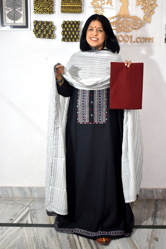 Elegant Handwoven Cotton Unstitched Suit with Ajrakh patch ,Intricate Hand Embroidery & kantha  dupatta