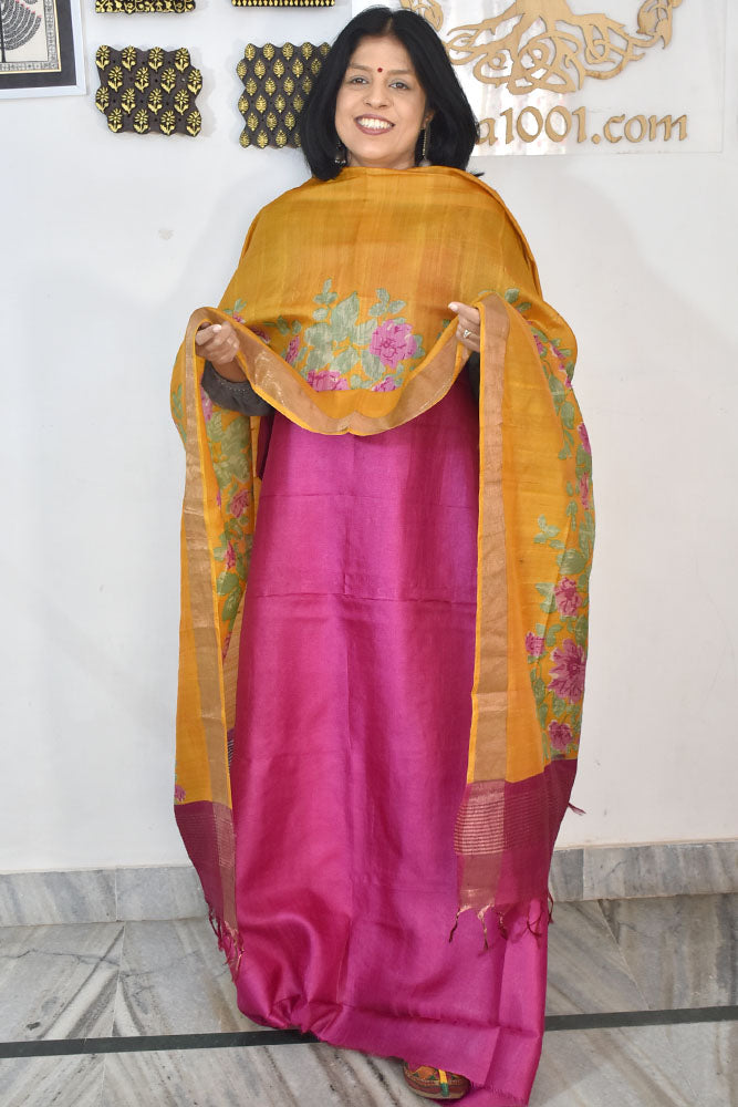 Beautiful Hand Block printed Tussar Silk Kurta Dupatta Set