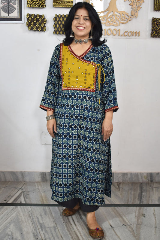 Designer Hand Block Printed Ajrakh cotton Kurta with Kutch Mirror work