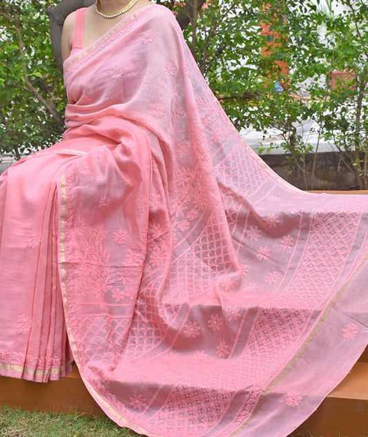 Elegant Ombre-Dyed Chanderi Silk Cotton Saree with Lucknowi Chikankari work