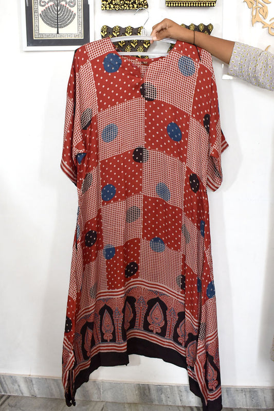 Beautiful Hand Block Printed Ajrakh Modal Silk Kaftan Kurta, Size 40 to 44