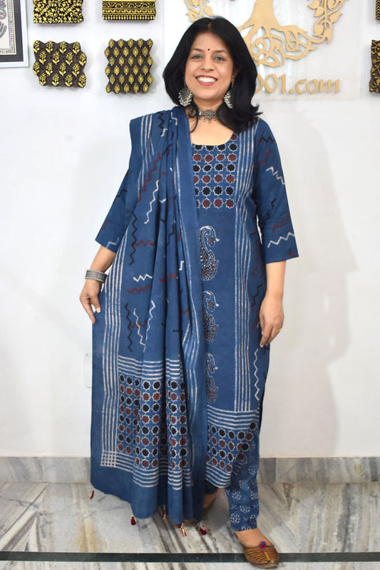 Designer Hand Block print Ajrakh Cotton suit with Full width Cotton Dupatta  - Size 38 to 46