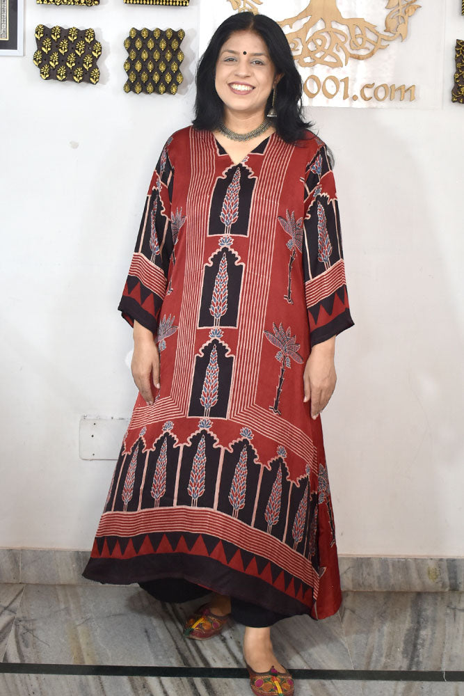 Beautiful Hand Block Printed Ajrakh Modal Silk Kurta, Size 40 to 46