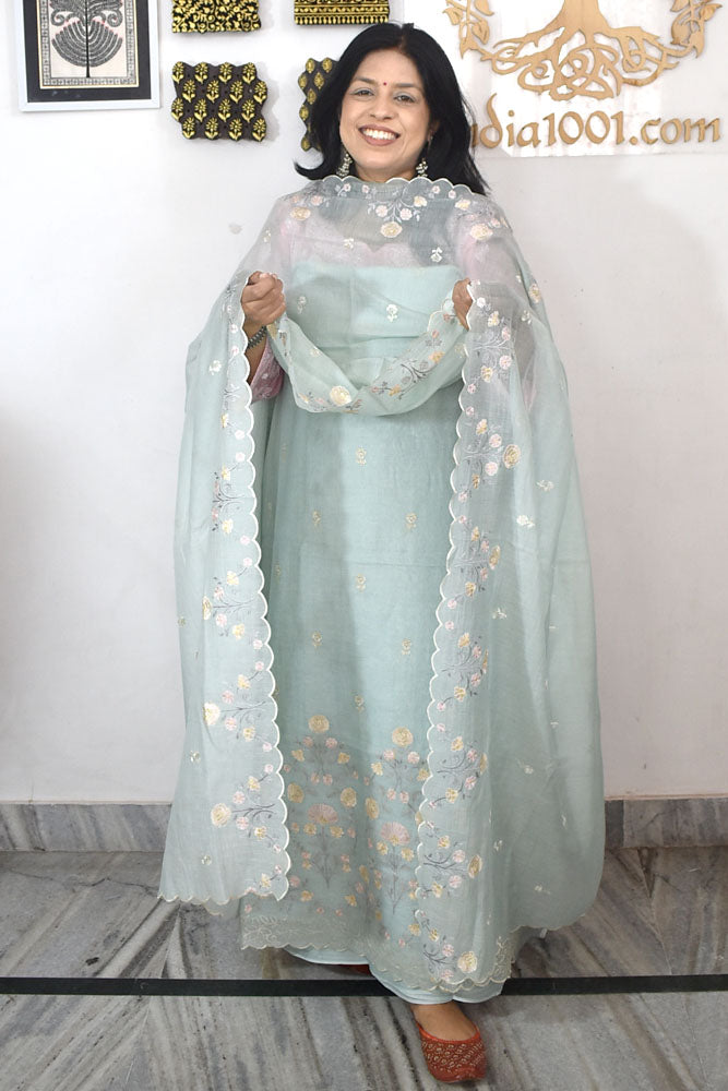 Gorgeous Mul Chanderi Kurta fabric & Dupatta set with embroidery & Cotton Bottom