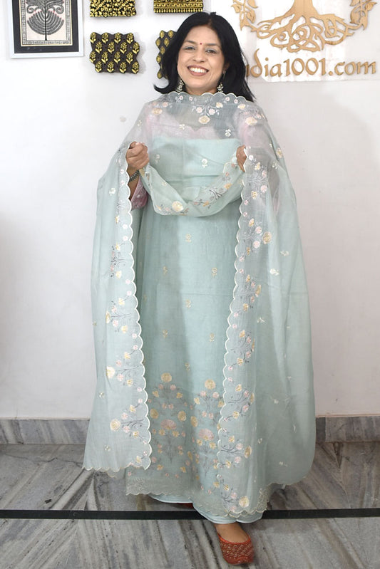 Gorgeous Mul Chanderi Kurta fabric & Dupatta set with embroidery & Cotton Bottom