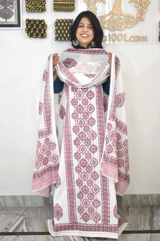 Elegant Dobby Cotton suit with placement Hand block print with lace details