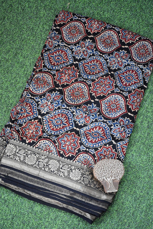 Beautiful Ajrakh Dola Silk Hand Block Print Fabric - 3 mtrs cut