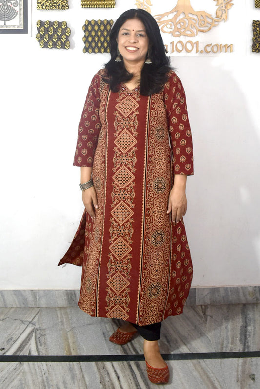 Designer Hand Block Printed Ajrakh cotton Kurta With Mirror Work - Size 38 to 48 ( all sizes)