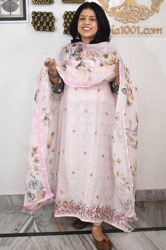 Dhairya : Beautiful Pure Linen suit with Digital print , intricate embroidery and cotton silk bottom