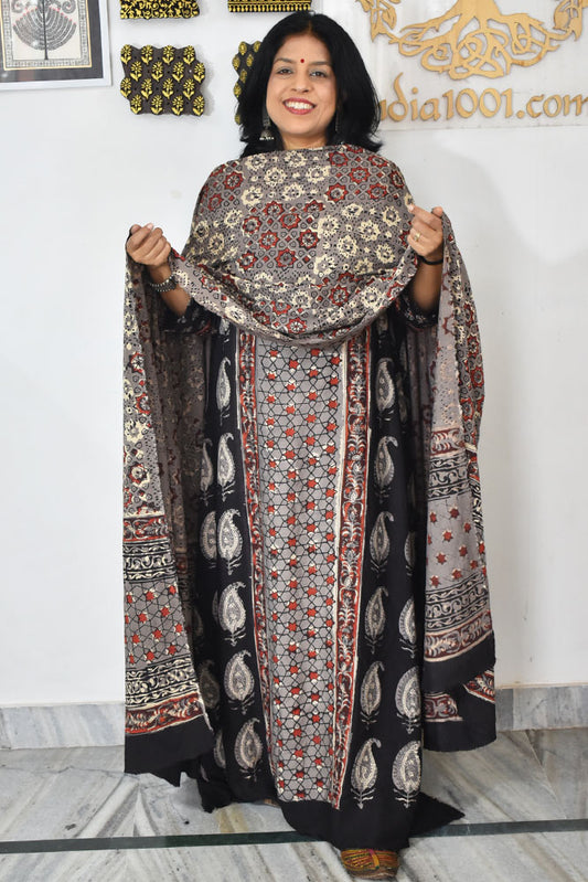 Beautiful Vanaspati Ajrakh Hand Block Printed Modal Silk set with bottom