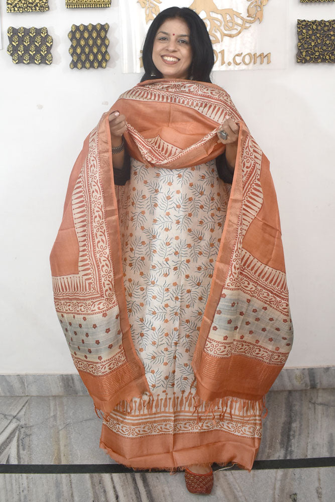 Beautiful Hand Block printed Tussar Silk Kurta Dupatta Set