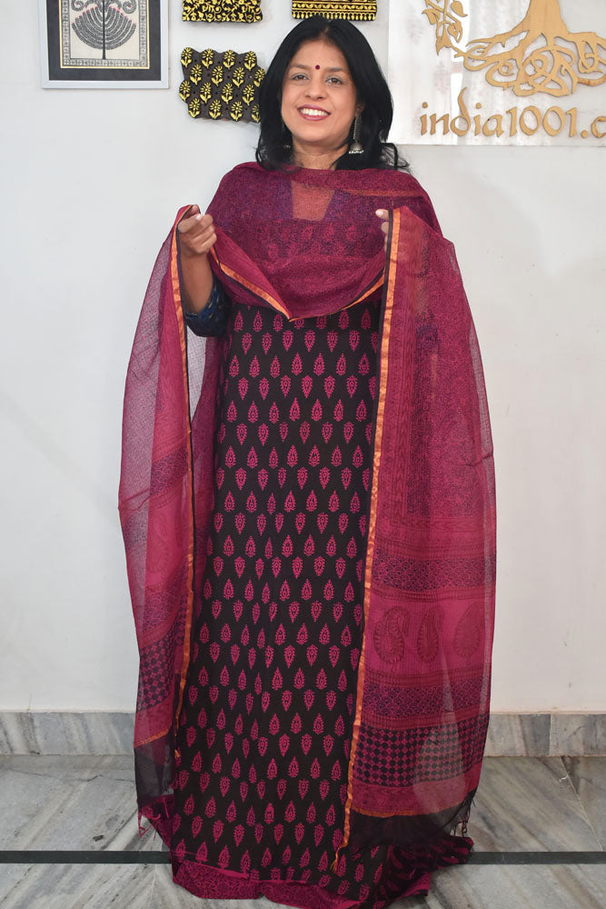 Classic Bagh Block Printed unstitched suit fabric with Kota Doria dupatta