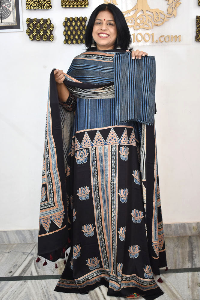 Designer Ajrakh Modal Silk Unstitched suit with  panel design, Ajrakh Dupatta & Bottom- 3 piece set