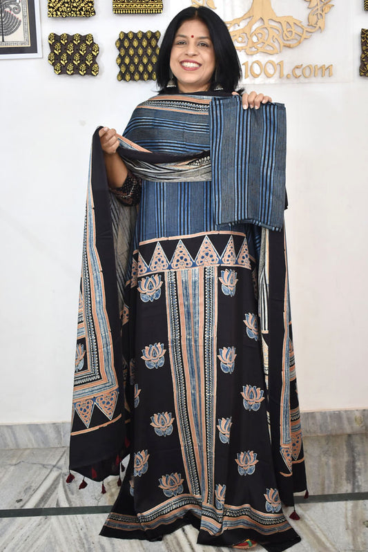 Designer Ajrakh Modal Silk Unstitched suit with  panel design, Ajrakh Dupatta & Bottom- 3 piece set