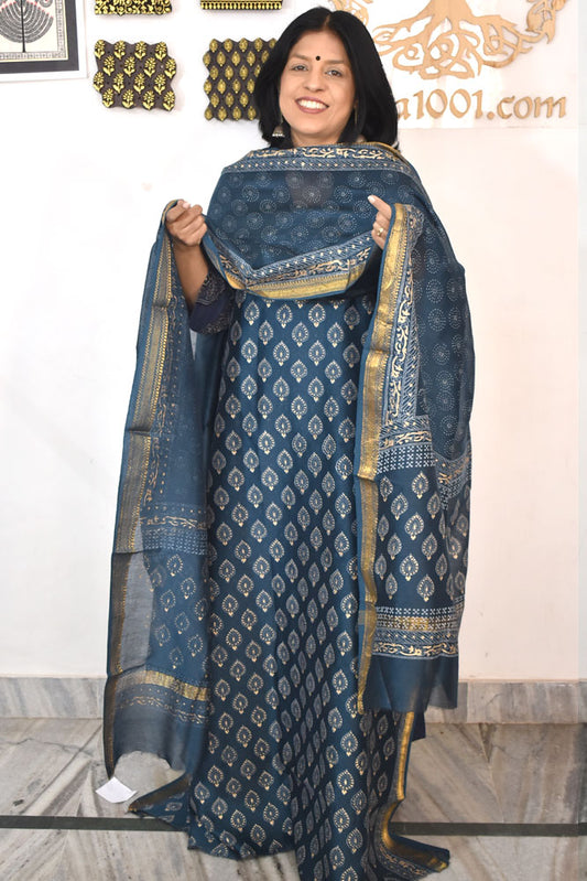Beautiful Hand Block Printed Maheshwari Silk Cotton Unstitched suit fabric - 3 pc set