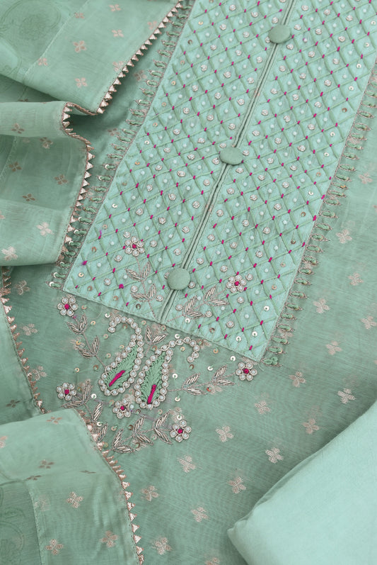 Beautiful Banarasi Chanderi unstitched suit fabric with Woven bootis, Hand embroidery & chanderi dupatta with stitched border Dupatta