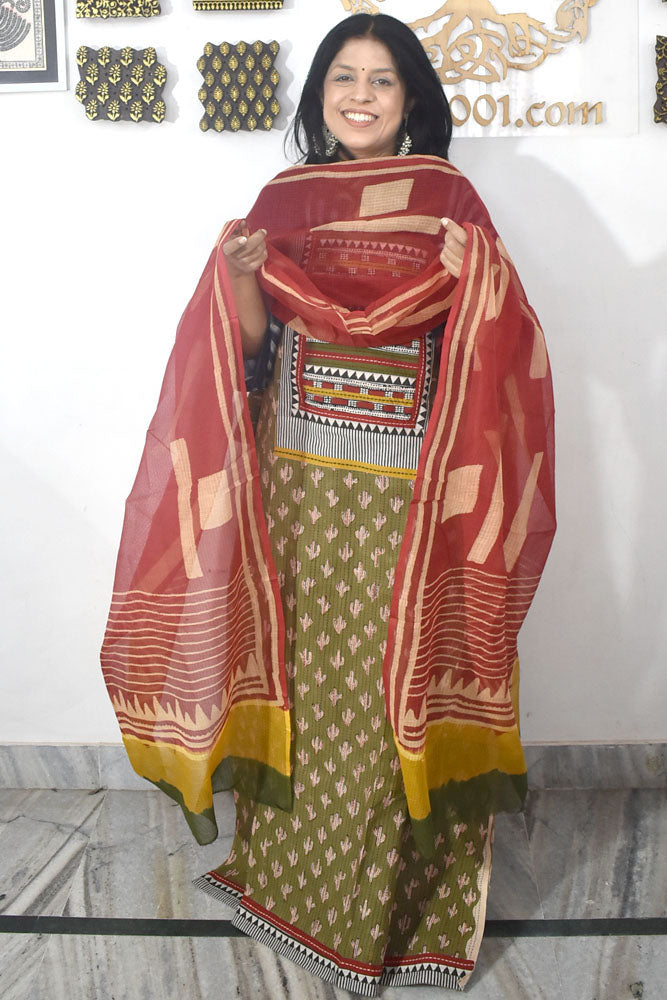 Beautiful Hand Block Printed Cotton Unstitched Suit Fabric  & Kota  dupatta With Cotton bottom