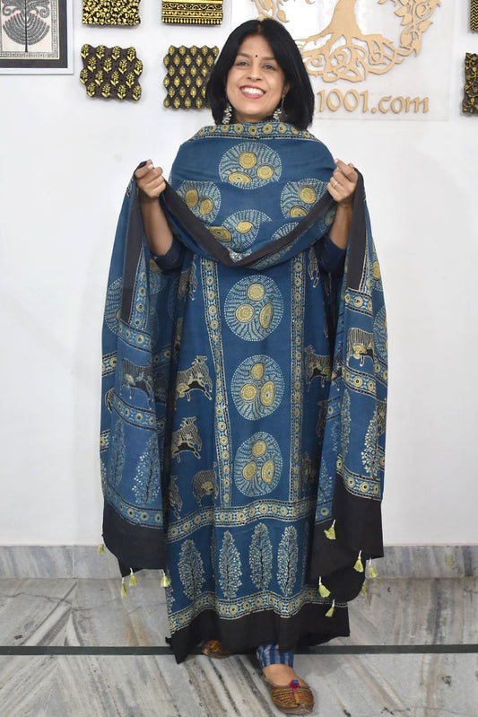 Block Print Ajrakh Cotton Suit with designer Ajrakh neck yoke /panel & Dupatta