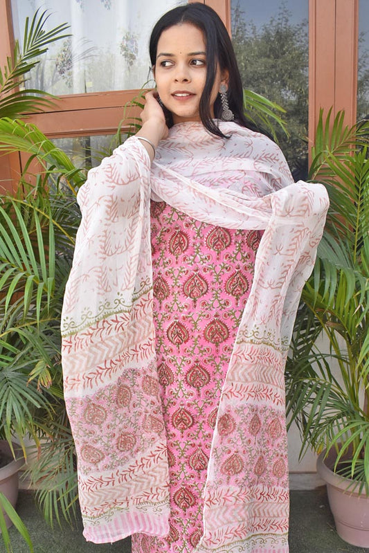 Sanganer Hand Block Printed Cotton unstitched suit fabric with Chiffon dupatta