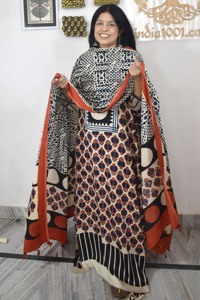 Designer Ajrakh Modal Silk Unstitched suit with  panel design & Ajrakh Dupatta- 2 piece set
