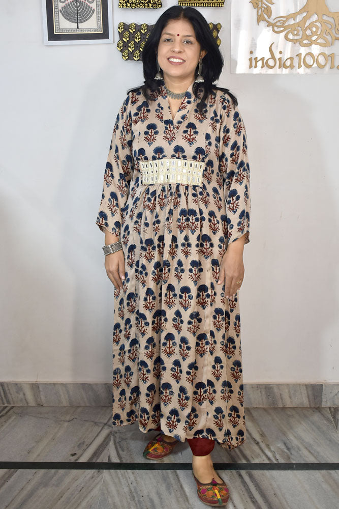 Beautiful Modal Silk Kurta with Ajrakh block print & Kutch mirror work - Size 38 - 48