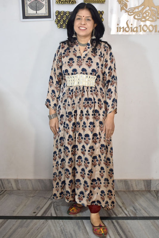 Beautiful Modal Silk Kurta with Ajrakh block print & Kutch mirror work - Size 38 - 48