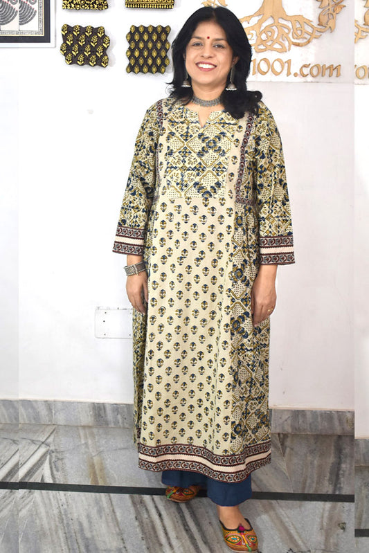 Designer Hand Block Printed Ajrakh cotton Kurta / Dress - Size 38 to 48 ( all sizes)
