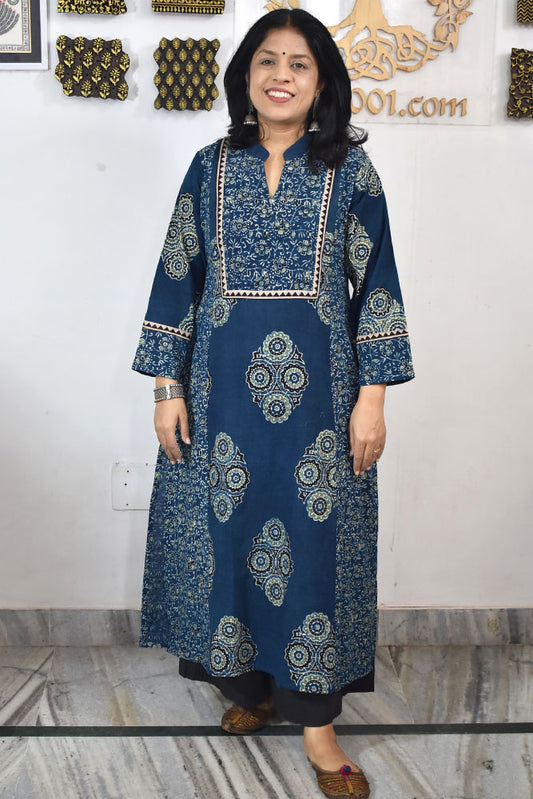 Designer Hand Block Printed Ajrakh cotton Kurta / Dress - Size 38 to 48 ( all sizes)