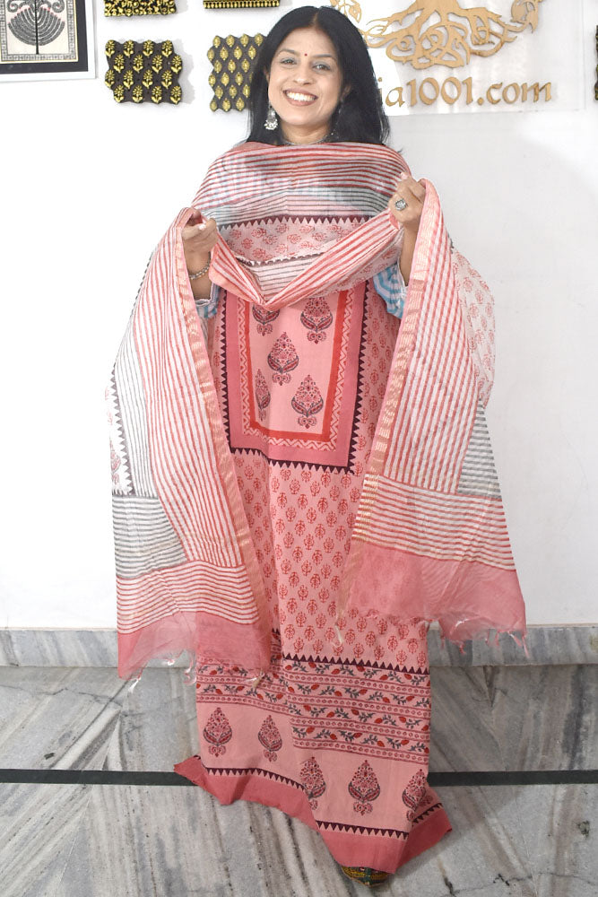 Designer Hand Block Print Cotton suit with Chanderi dupatta