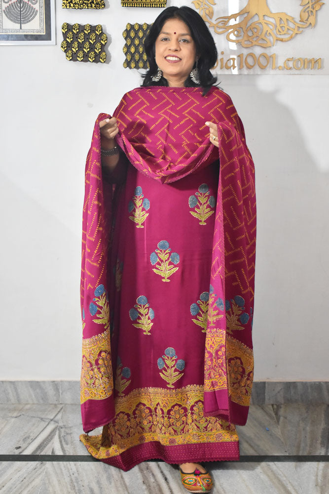 Elegant Modal Silk Hand Block Print Unstitched suit