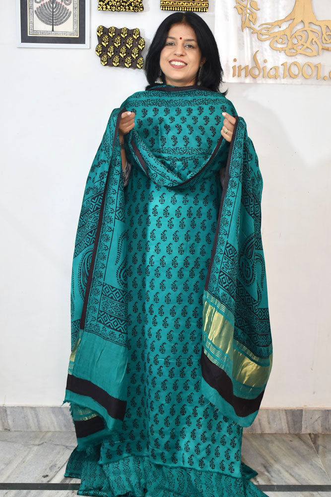 Bagh Hand Block Printed unstitched 3 pc Modal silk suit fabric with Lagdi patta from MP