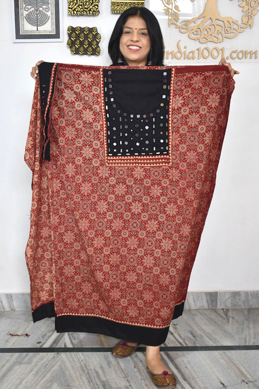 Designer Ajrakh Cotton Kurta Fabric with Kutch Mirror Work patch