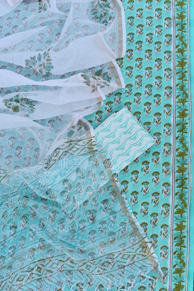 Beautiful Hand Block Printed Cotton unstitched suit fabric with Kota Doria Dupatta