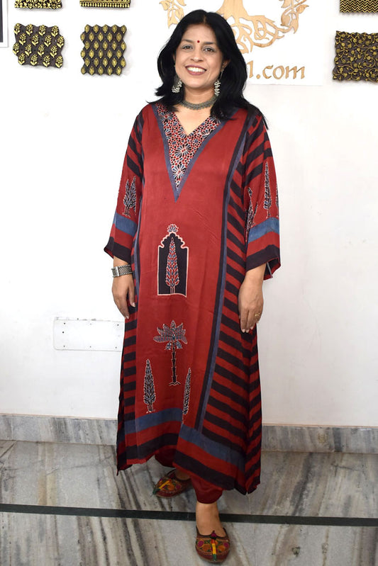 Beautiful Hand Block Printed Ajrakh Modal Silk Kurta, Size 40 to 46