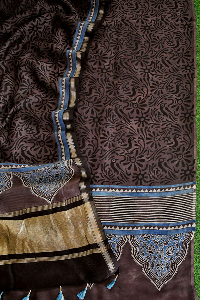 Beautiful Hand Block printed Kutch Ajrakh Chanderi Kurta and Lagdi patta dupatta set