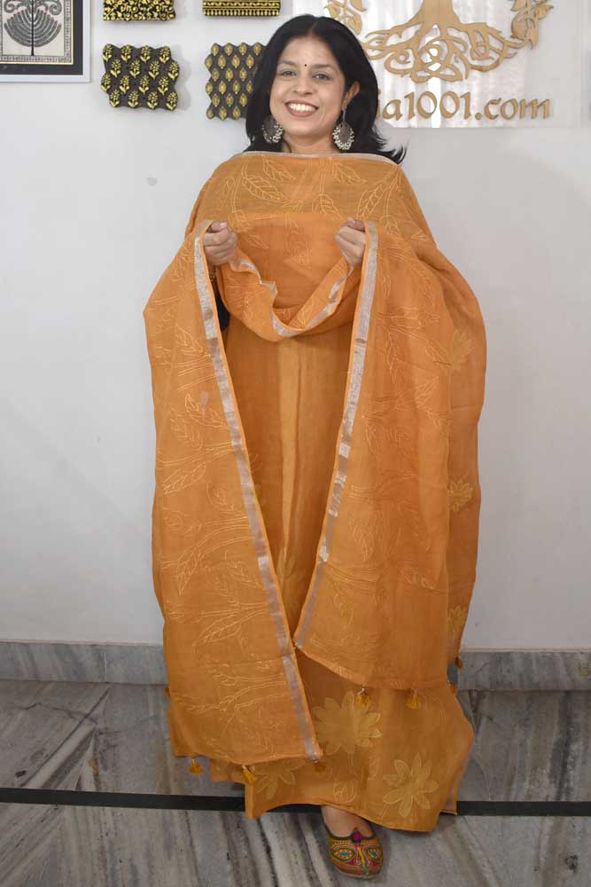 Dhairya : Beautiful Pure Linen suit with Digital print , intricate embroidery and cotton silk bottom