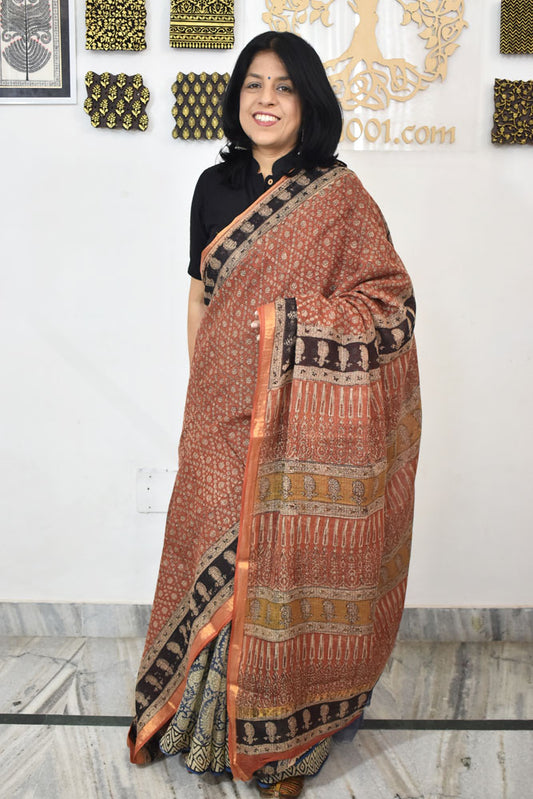 Beautiful Hand Block Printed Kota cotton Saree with zari border