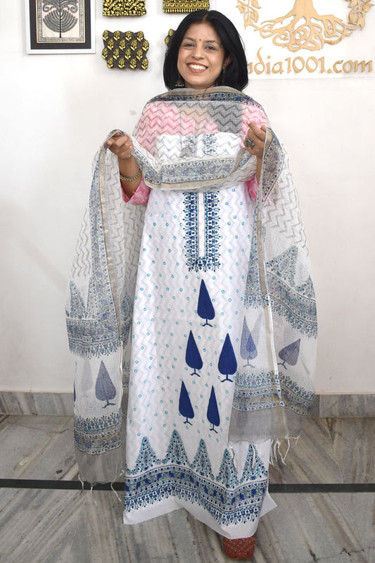 Designer Hand Block Print Cotton suit with Kota dupatta