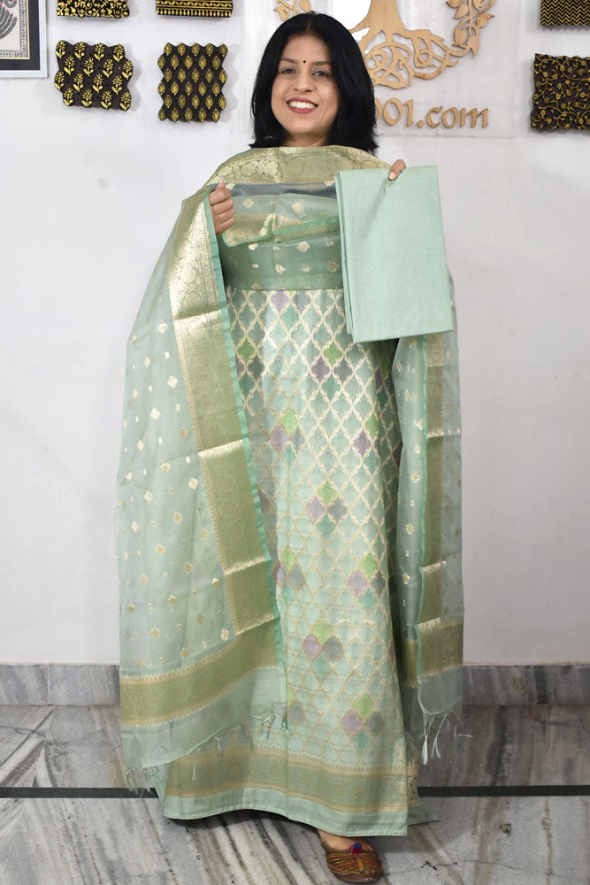 Beautiful Banarasi Chanderi silk unstitched suit fabric with Woven Booties