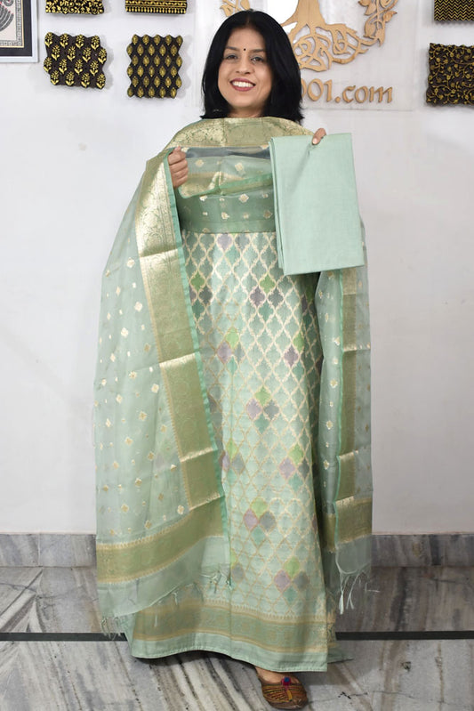 Beautiful Banarasi Chanderi silk unstitched suit fabric with Woven Booties