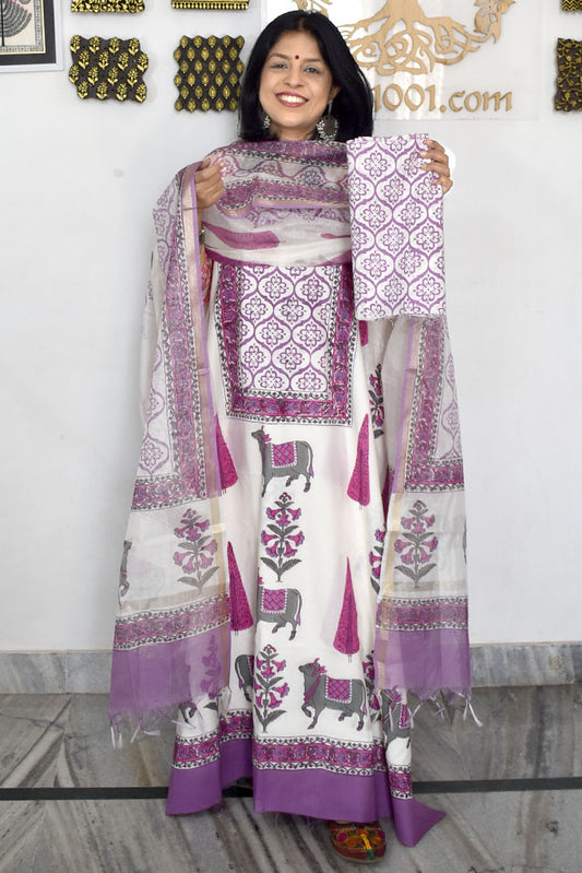 Designer Hand Block Placement Print Cotton suit with Chanderi dupatta and panel design