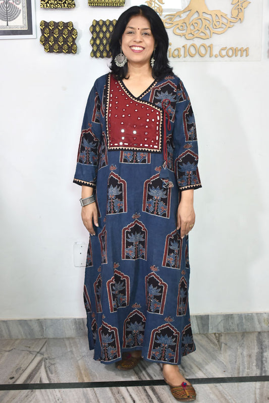 Designer Hand Block Printed Ajrakh cotton Kurta with Kutch Mirror work