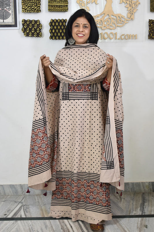 Designer Ajrakh Cotton kurta with  panel design & Mirror work & Cotton dupatta - 3 piece set