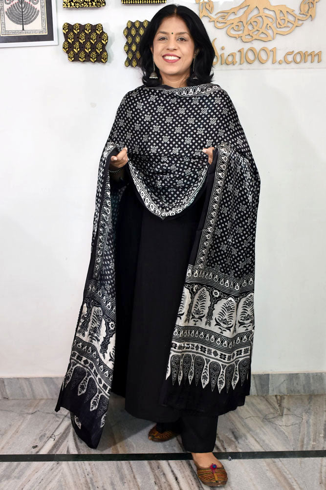 Designer Modal Silk Ajrakh Block Print Dupatta with tassels